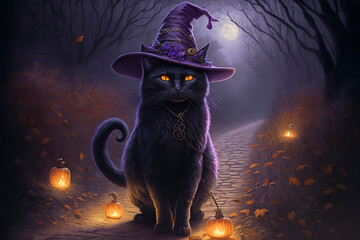 Black cat wearing a witch hat on a cobblestone path with lighted pumpkins  in fall Generative AI - obrazy, fototapety, plakaty