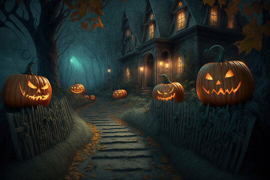 Carved pumpkins line a path to a spooky old house  Generative AI