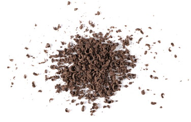 Chopped, milled chocolate pile with shavings isolated on white, top view