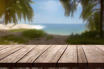 Plakat WOODEN TABLE WITH DEFOCUSED BEACH BACKGROUND - Generative AI technology