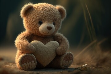 a teddy bear sitting on the ground holding a heart shaped object in its paws and looking at the camera with a sad look on his face, with a dark background of grass and leaves.