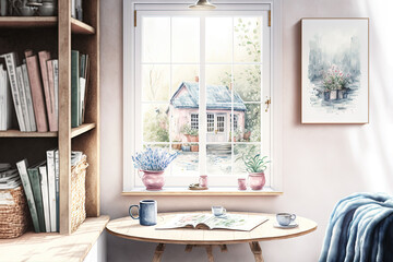 Watercolor drawing of retro interior of country house with table
