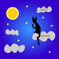Sweet dreams, black cat sitting on a cloud, moon, clouds, stars in the sky