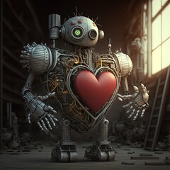 Weird robot with red heart, can robots feel love, love robot generative ai