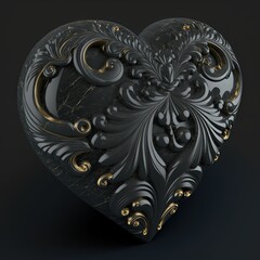Isolated black ornamented heart, heart carved from black onyx, generative ai