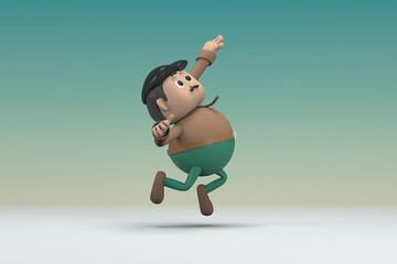 The man  with mustache wearing a brown long shirt green pants. He is jumping. 3d rendering of cartoon character in acting.