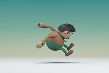 Fototapeta na wymiar The man with mustache wearing a brown long shirt green pants. He is jumping. 3d rendering of cartoon character in acting.