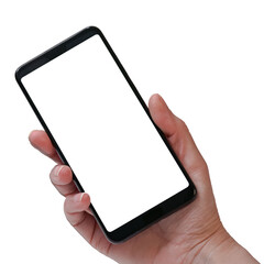 Close up female hand holding smartphone with blank screen isolated on white background