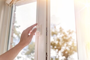 woman hand open white plastic window with sunny background.