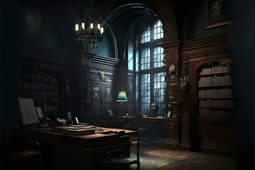 Gothic and victorian style office room in mansion interior 