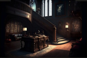 Dark victorian style mansion interior design with wooden stairs 