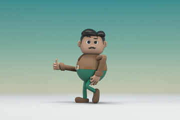 The man  with mustache wearing a brown long shirt green pants.  He is expression  of body and hand when talking.  3d rendering of cartoon character in acting.