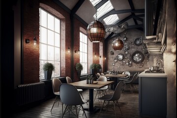 Industrial cozy loft style cafe interior 