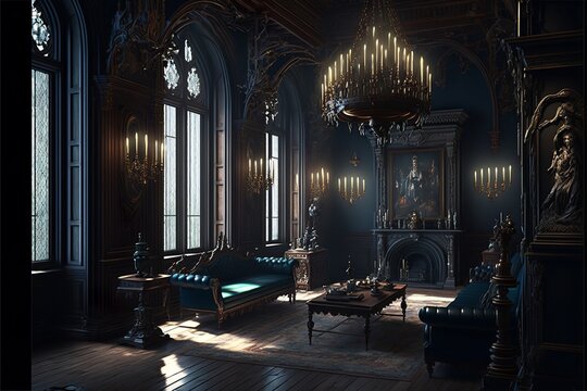 Dark academy gothic style fantasy mansion interioe with huge chandelier 