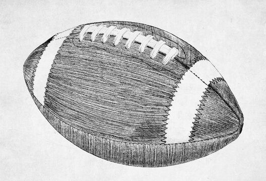 Hand drawn sketched American Football. Black and white Pencil illustration of a football resting on the ground.