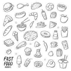 Set of hand drawn fast food doodles, clip art, isolated elements for prints, icons, stickers, planners, cards, etc. EPS 10