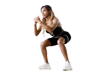 Foto op Canvas A curly-haired fitness workout woman in a tracksuit, transparent background. © muse studio