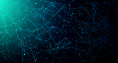 Digital technology futuristic data connect blue green background, abstract cyber communication information, innovation future tech, internet network connection, Ai big data, polygonal illustration 3d