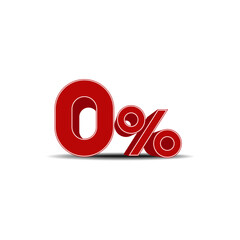 Red zero (0) percent 3D symbol on white background.
