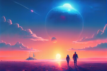 Sci-fi scene, a girl meets a traveler