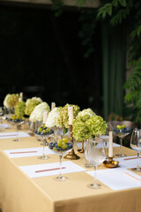 Festive table decorated with hydrangeas, candles and glasses with blueberries and grapes outdoors, with brown chairs. Ladies party 