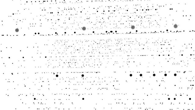 A stream of dots on a white background of 4k motion graphics. Dark objects on a white background. Points of different graph sizes. Shapes of different sizes.
