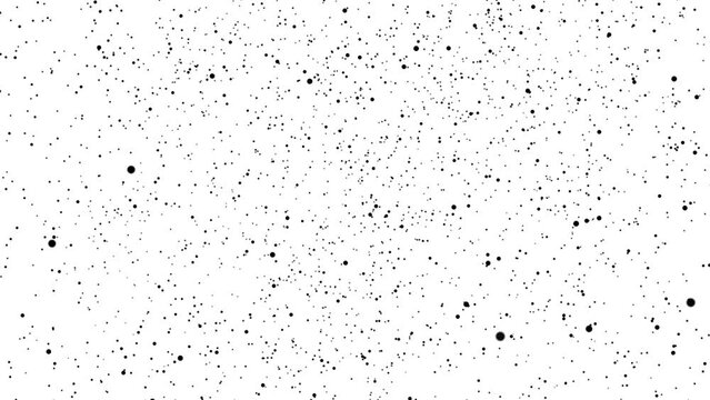 A stream of dots down on a white background of 4k motion graphics. Dark objects on a white background. Black snow is falling. Shapes of different sizes.