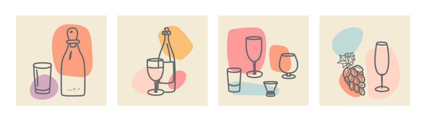 Set of various bottles and wine glasses with colorful spots. Ink painting style. Hand drawn vector illustrations. Minimalistic elegant alcoholic beverages concept. All elements are isolated.