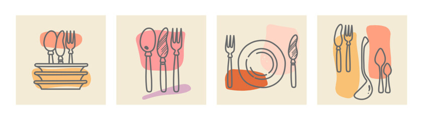 Set of various spoons, forks and plates with colorful spots. Ink painting style. Hand drawn vector illustrations. Minimalistic elegant kitchen art concept. All elements are isolated.