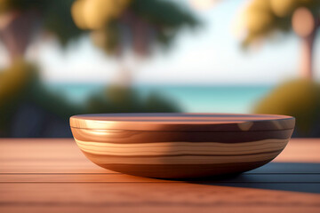 WOODEN TABLE WITH BOKEH BEACH BACKGROUND FOR PRODUCT SHOWCASE- Generative AI technology