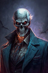 skeleton detective, zombie, demon, horror, evil, death, art illustration