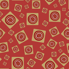 Hand drawn Tribal style gold square and circle shape elements seamless pattern on red background.