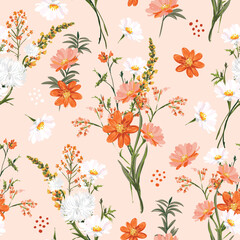 Trendy Hand drawn Wild Meadow florals , Flower bouquet illustration Seamless Pattern Vector