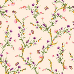 Trendy Hand drawn Wild Meadow florals , Flower bouquet illustration Seamless Pattern Vector