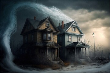 a creepy house with a spooky sky in the background and a lightning storm in the foreground, with a light pole in the foreground, and a spooky sky with a. generative ai