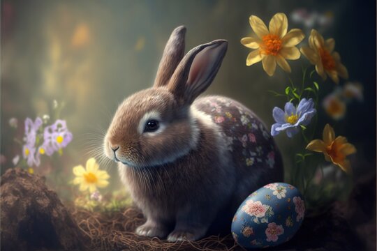 a rabbit sitting in the grass next to a painted egg and flowers on a dark background with a light shining through the window behind it, with a shadow of the rabbit's head.