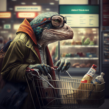 A fantasy turtle character pushing a shopping cart in a supermarket. Created with Generative AI.