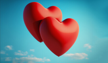 Fototapeta na wymiar Valentines day. Two red heart shape balloons flying on blue sky background. AI generative