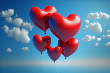 Obraz na płótnie Canvas Valentines day. Heart shape balloons bunch flying on blue sky background. AI generative