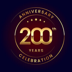 200th Anniversary. A luxurious and simple logo design with gold color ring and text for an anniversary celebration event. Logo Vector Illustration