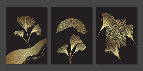 Set of luxury gold wall art. Golden ginkgo biloba leaves and geometric elements. Japanese style line art with branches. Linear plants on black background. Abstract minimalist art mural illustration