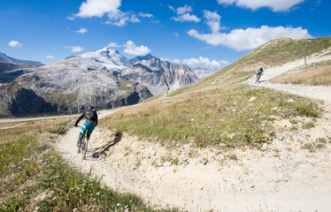 Fototapeta na wymiar Descente en VTT sur les massifs de la Vanoise devant le glacier de la Grande Motte en été
