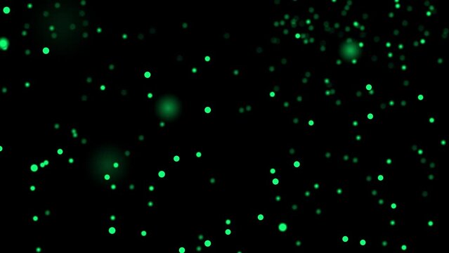 Motion design green particles. Motion graphics abstract dust. 4k turquoise plexus. Green dust on a black background