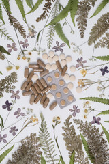 Herbal medicine in capsules for healthy eating concept with organic herb. Natural alternative medicine. Herbal supplements and dried medicinal herbs, top view, flat lay