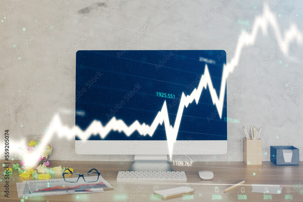 Aufkleber forex graph hologram on table with computer background. double exposure. concept of financial market