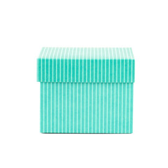 Blue box with white stripes. Christmas gift box isolated on white background.