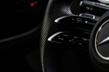 Cruise control switch closeup. Adaptive cruise control leaver. Cruise control on steering wheel.