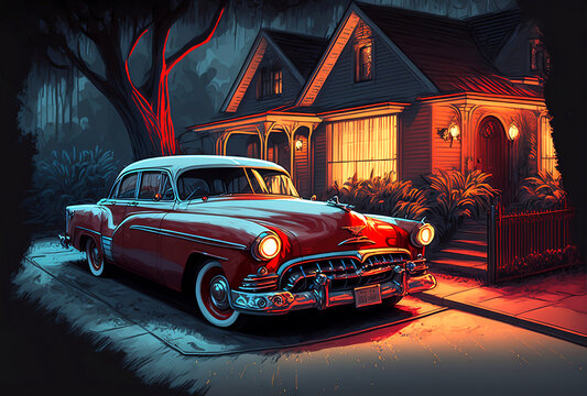 brightly colored painting of Classic car in driveway