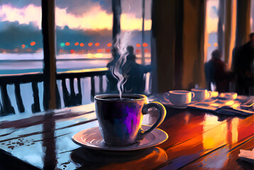 hot steaming cup of coffee on deck overlooking waterfront harbor at daybreak painting illustration