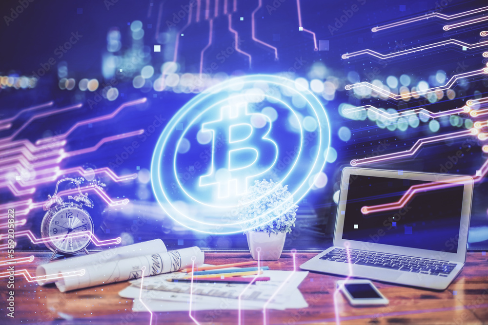 Aufkleber double exposure of blockchain and crypto economy theme hologram and table with computer background. 